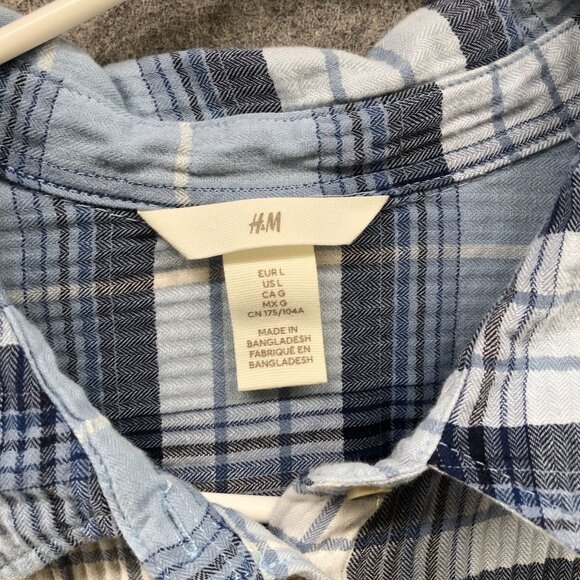 H&M Oversized Gauze Shirt Womens L Blue Plaid Overshirt Long Sleeve Cotton - Picture 5 of 9